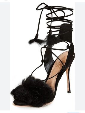 SCHUTZ Black Fur-Trim Lace-Up Stiletto Sandals